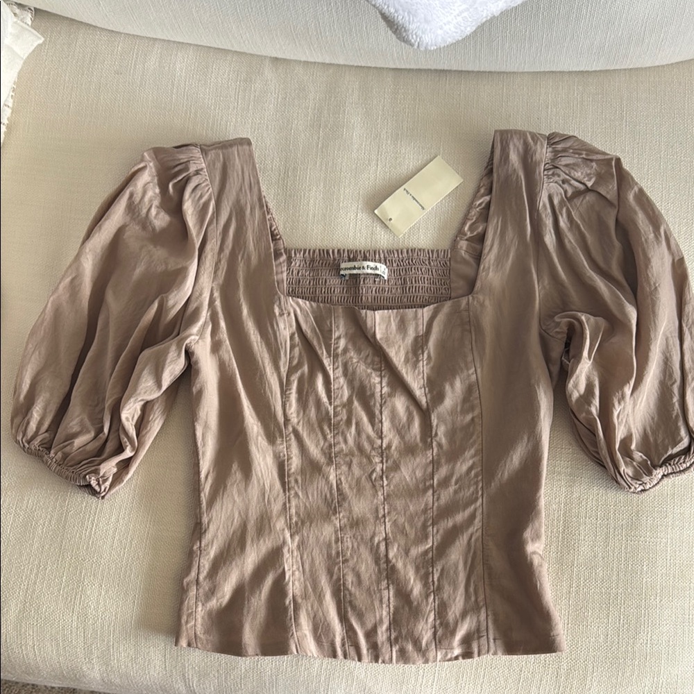 Abercrombie & Fitch Tan Puff Sleeve Fitted Blouse